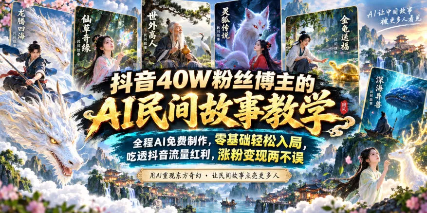 抖音40W粉丝博主的AI民间故事教学，全程AI免费制作，零基础轻松入局，吃透抖音流量红利，涨粉变现两不误 一点学习助手-零基础自学教程-副业项目-兴趣学习-网盘拉新平台-英语启蒙项目资源网
