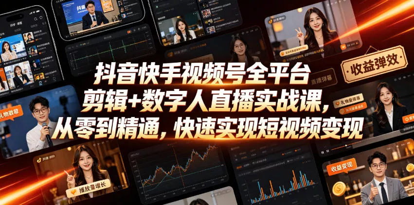 抖音快手视频号全平台剪辑+数字人直播实战课，从零到精通，快速实现短视频变现(更新2026年10月) 一点学习助手-零基础自学教程-副业项目-兴趣学习-网盘拉新平台-英语启蒙项目资源网