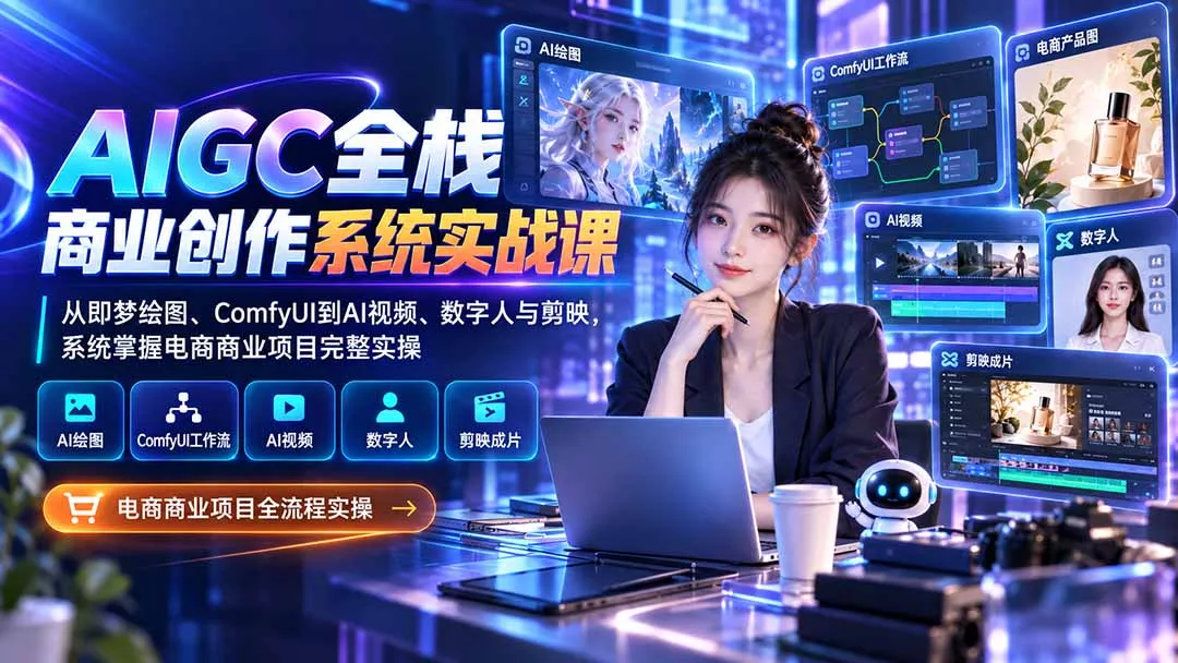 AIGC全栈商业创作系统实战课：从即梦绘图、ComfyUI到AI视频、数字人与剪映，系统掌握电商商业项目完整实操 一点学习助手-零基础自学教程-副业项目-兴趣学习-网盘拉新平台-英语启蒙项目资源网