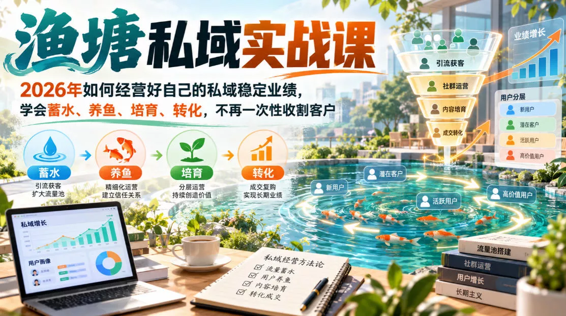 渔塘私域实战课，2026年如何经营好自己的私域稳定业绩，学会蓄水、养鱼、培育、转化，不再一次性收割客户 一点学习助手-零基础自学教程-副业项目-兴趣学习-网盘拉新平台-英语启蒙项目资源网