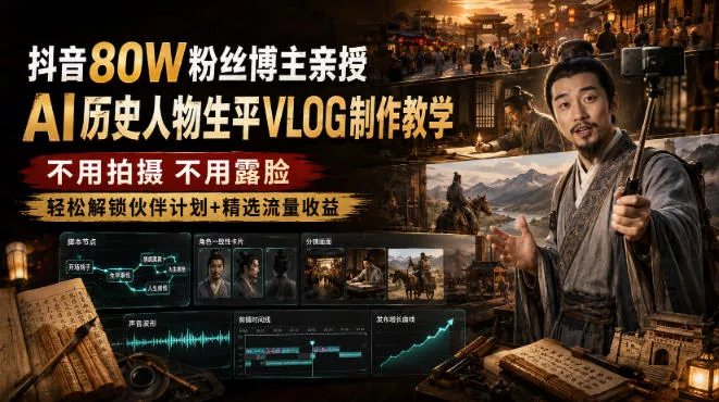 抖音80W粉丝博主的AI历史人物生平VLOG教学，不用拍摄不用露脸，AI帮你搞定，轻松解锁伙伴计划+精选收益 一点学习助手-零基础自学教程-副业项目-兴趣学习-网盘拉新平台-英语启蒙项目资源网