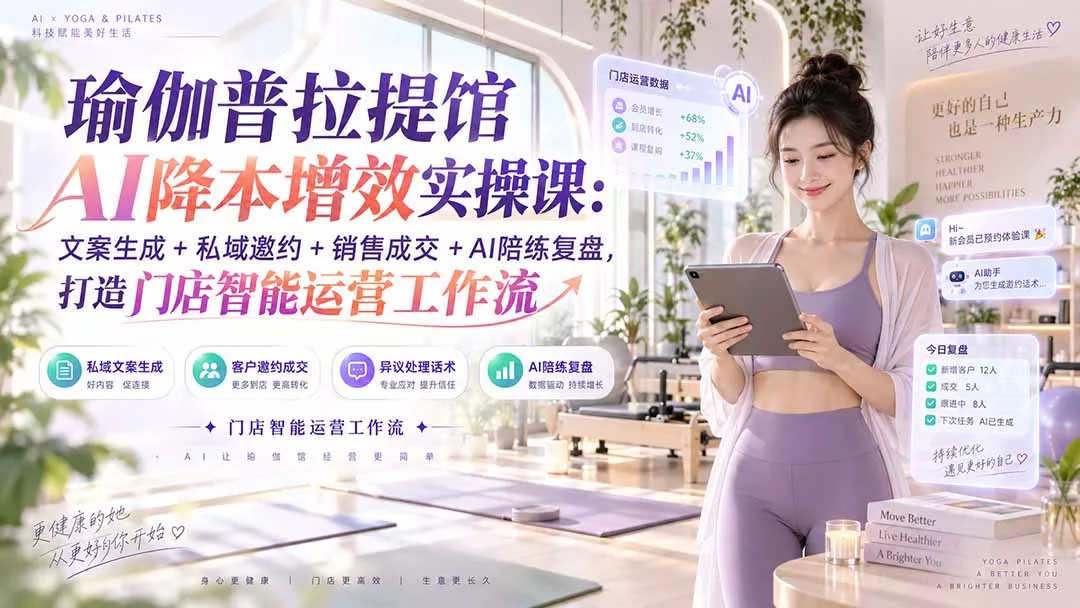 瑜伽普拉提馆AI降本增效实操课：文案生成+私域邀约+销售成交+AI陪练复盘，打造门店智能运营工作流 一点学习助手-零基础自学教程-副业项目-兴趣学习-网盘拉新平台-英语启蒙项目资源网