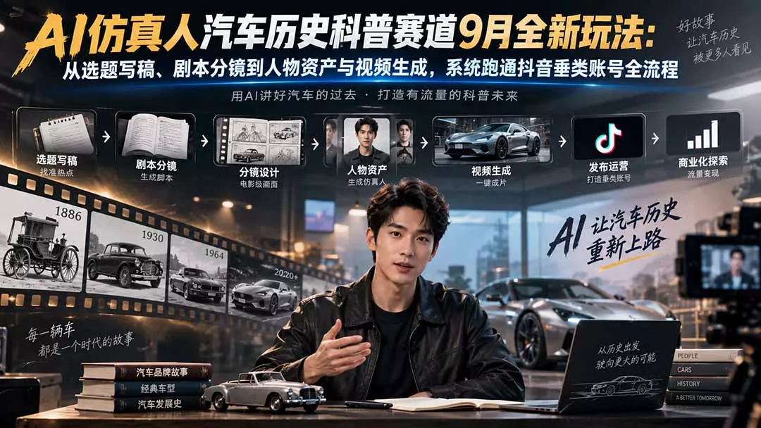 AI仿真人汽车历史科普赛道9月全新玩法：从选题写稿、剧本分镜到人物资产与视频生成，系统跑通抖音垂类账号全流程 一点学习助手-零基础自学教程-副业项目-兴趣学习-网盘拉新平台-英语启蒙项目资源网