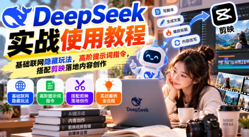 DeepSeek实战使用教程｜基础联网隐藏玩法，高阶提示词指令，搭配剪映落地内容创作 一点学习助手-零基础自学教程-副业项目-兴趣学习-网盘拉新平台-英语启蒙项目资源网