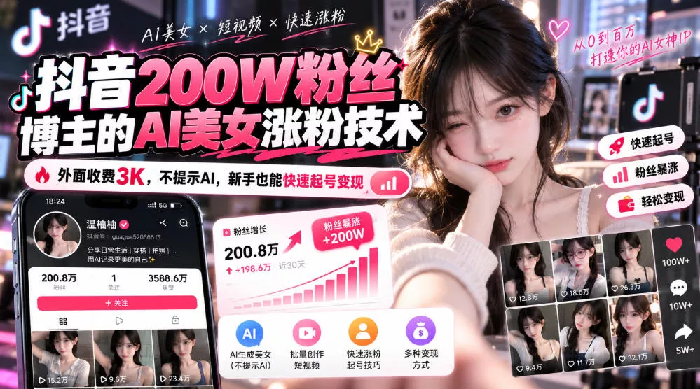 抖音200W粉丝博主的AI美女涨粉技术，外面收费3K，不提示AI，新手也能快速起号变现 一点学习助手-零基础自学教程-副业项目-兴趣学习-网盘拉新平台-英语启蒙项目资源网