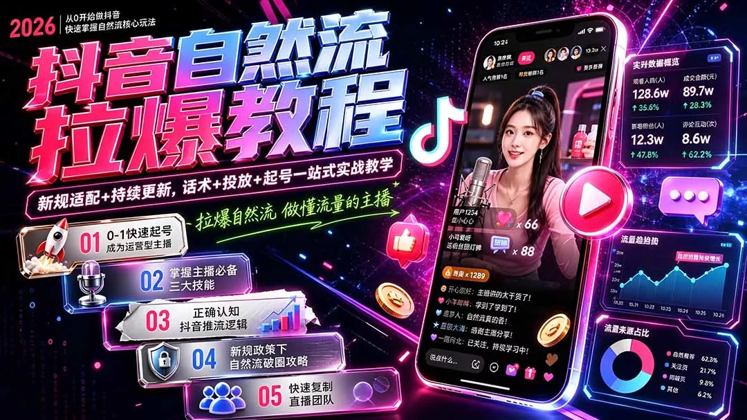 抖音自然流拉爆教程-更新9月：做懂流量的主播，新规适配+持续更新，话术+投放+起号一站式实战教学 一点学习助手-零基础自学教程-副业项目-兴趣学习-网盘拉新平台-英语启蒙项目资源网