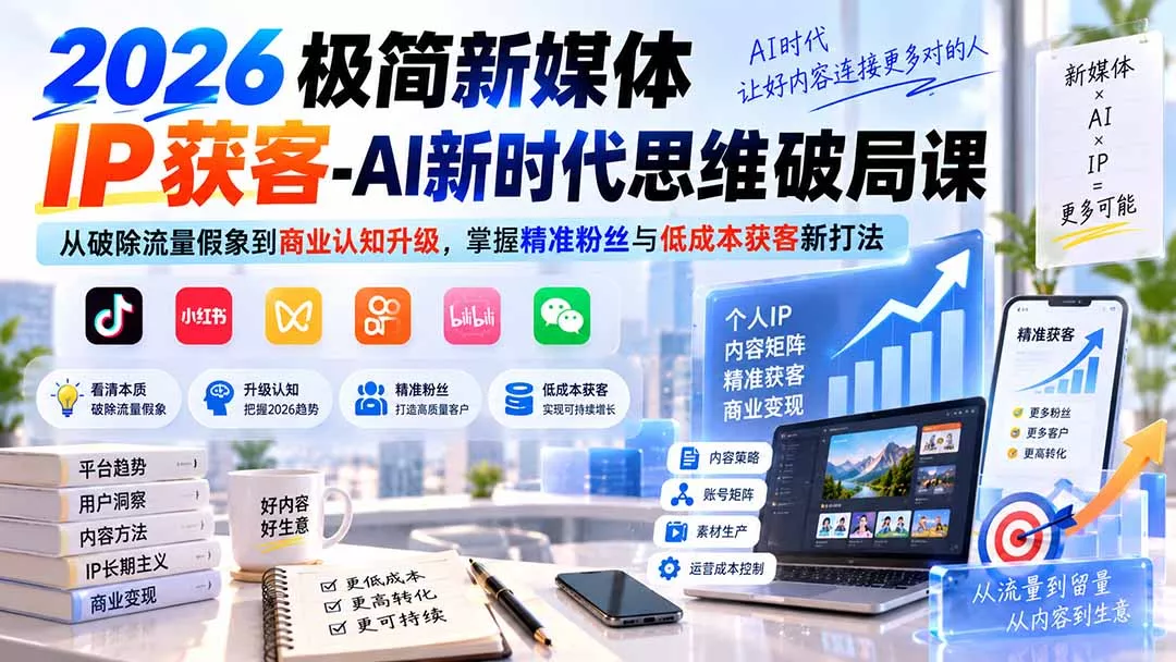 2026极简新媒体IP获客-AI新时代思维破局课：从破除流量假象到商业认知升级，掌握精准粉丝与低成本获客新打法 一点学习助手-零基础自学教程-副业项目-兴趣学习-网盘拉新平台-英语启蒙项目资源网