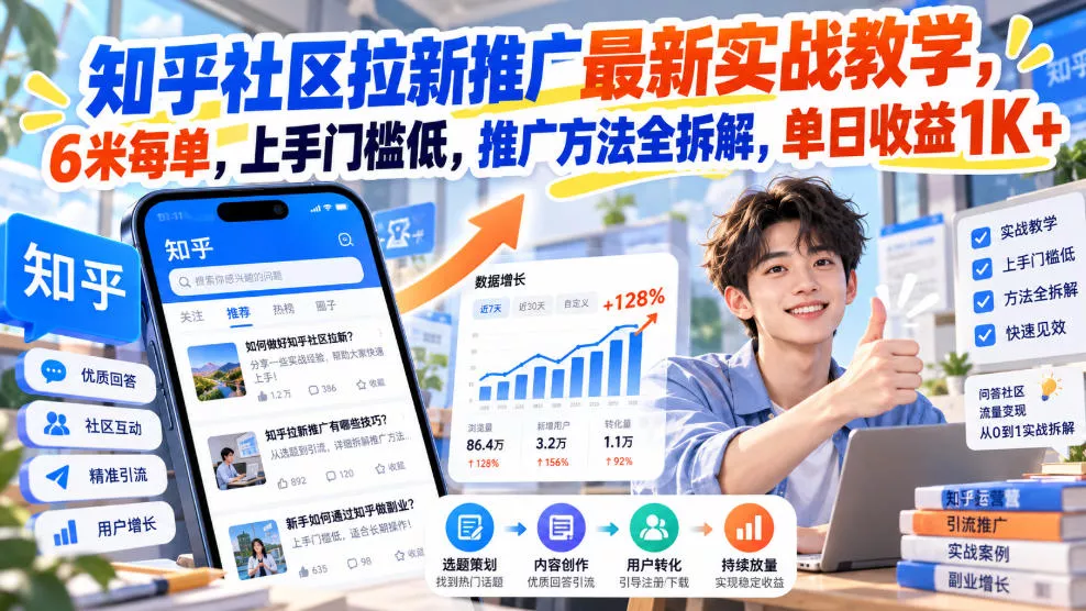 知乎社区拉新推广最新实战教学，6米每单，上手门槛低，推广方法全拆解，单日收益1K+！(更新1021) 一点学习助手-零基础自学教程-副业项目-兴趣学习-网盘拉新平台-英语启蒙项目资源网