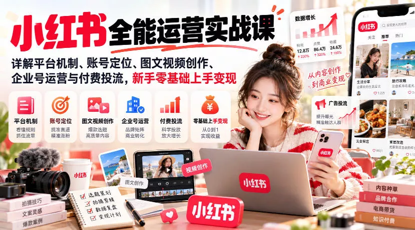 小红书全能运营实战课，详解平台机制、账号定位、图文视频创作、企业号运营与付费投流，新手零基础上手变现 一点学习助手-零基础自学教程-副业项目-兴趣学习-网盘拉新平台-英语启蒙项目资源网