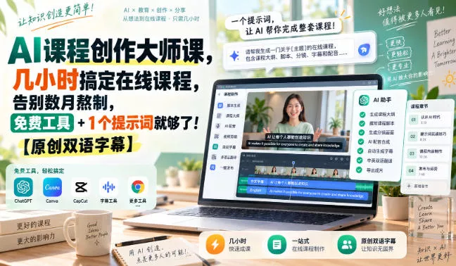 AI课程创作大师课，几小时搞定在线课程，告别数月熬制，免费工具+1个提示词就够了！【原创双语字幕】 一点学习助手-零基础自学教程-副业项目-兴趣学习-网盘拉新平台-英语启蒙项目资源网