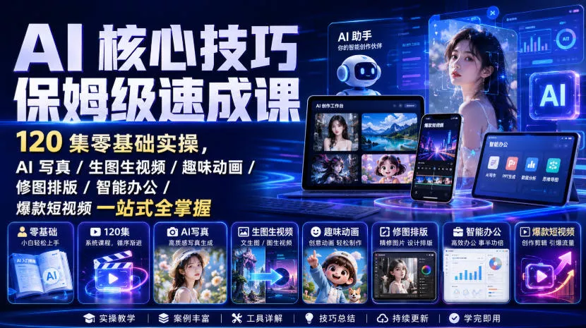 AI核心技巧保姆级速成课｜120集零基础实操，AI写真/生图生视频/趣味动画/修图排版/智能办公/爆款短视频一站式全掌握 一点学习助手-零基础自学教程-副业项目-兴趣学习-网盘拉新平台-英语启蒙项目资源网