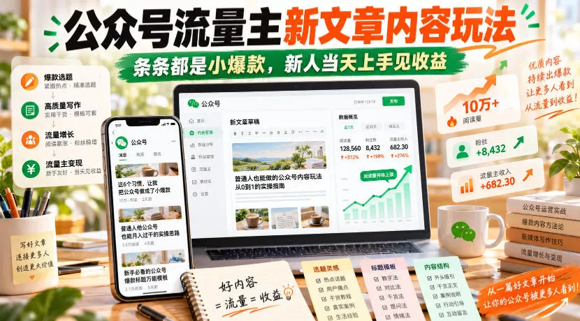 公众号流量主新文章内容玩法，条条都是小爆款，新人当天上手见收益 一点学习助手-零基础自学教程-副业项目-兴趣学习-网盘拉新平台-英语启蒙项目资源网