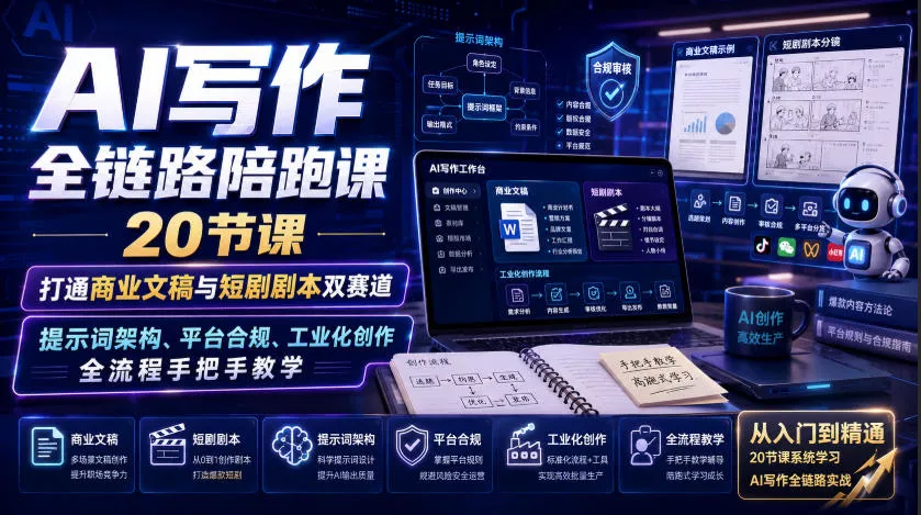 AI写作全链路陪跑课｜20节课打通商业文稿与短剧剧本双赛道，提示词架构、平台合规、工业化创作全流程手把手教学 一点学习助手-零基础自学教程-副业项目-兴趣学习-网盘拉新平台-英语启蒙项目资源网