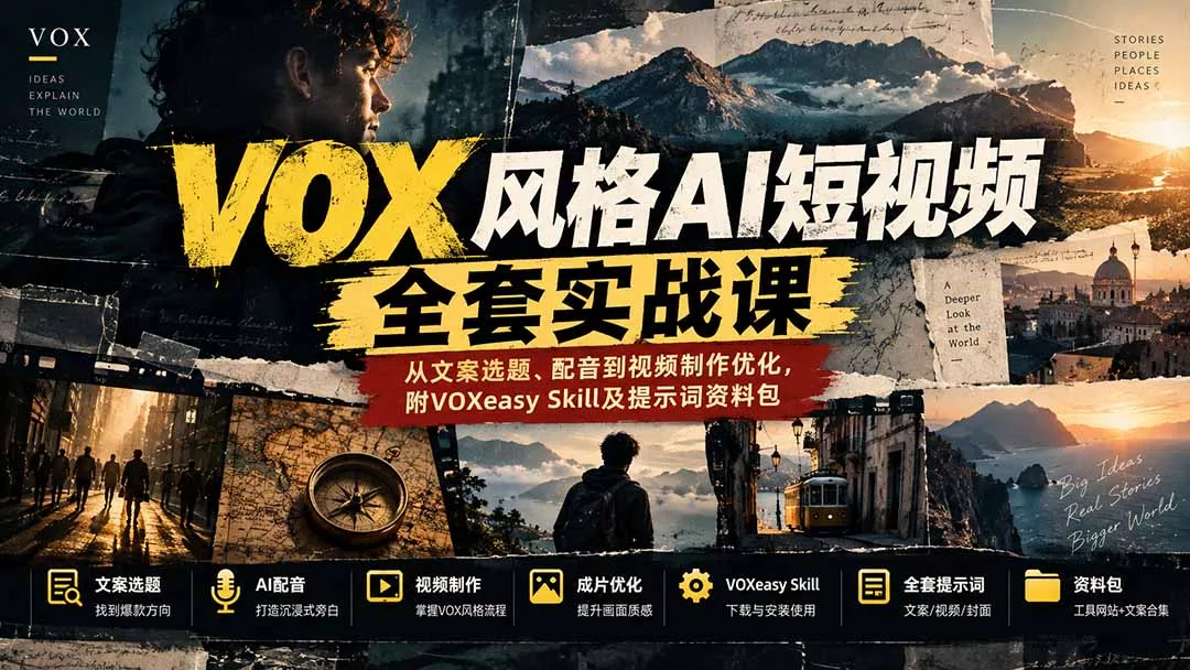 【无水印】VOX风格AI短视频全套实战课：从文案选题、配音到视频制作优化，附VOXeasy Skill及提示词资料包 一点学习助手-零基础自学教程-副业项目-兴趣学习-网盘拉新平台-英语启蒙项目资源网