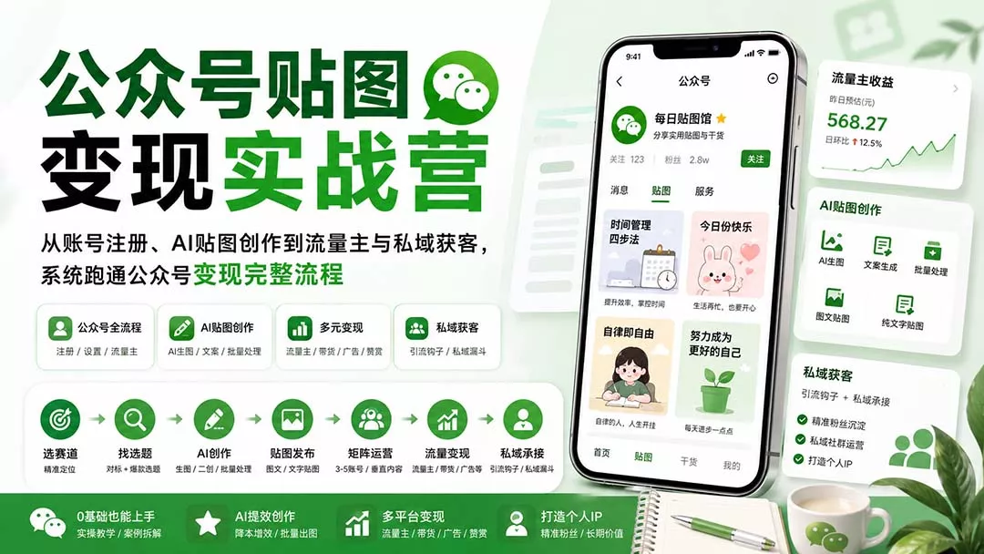 公众号贴图变现实战营：从账号注册、AI贴图创作到流量主与私域获客，系统跑通公众号变现完整流程 一点学习助手-零基础自学教程-副业项目-兴趣学习-网盘拉新平台-英语启蒙项目资源网