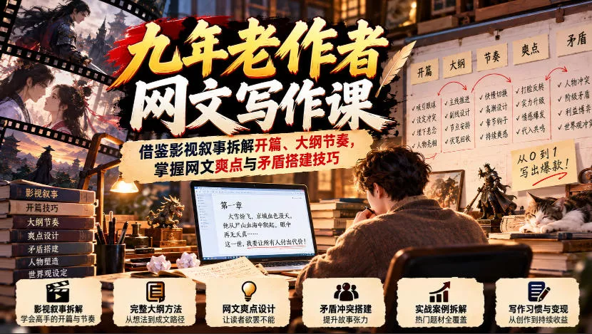 九年老作者网文写作课：借鉴影视叙事拆解开篇、大纲节奏，掌握网文爽点与矛盾搭建技巧 一点学习助手-零基础自学教程-副业项目-兴趣学习-网盘拉新平台-英语启蒙项目资源网