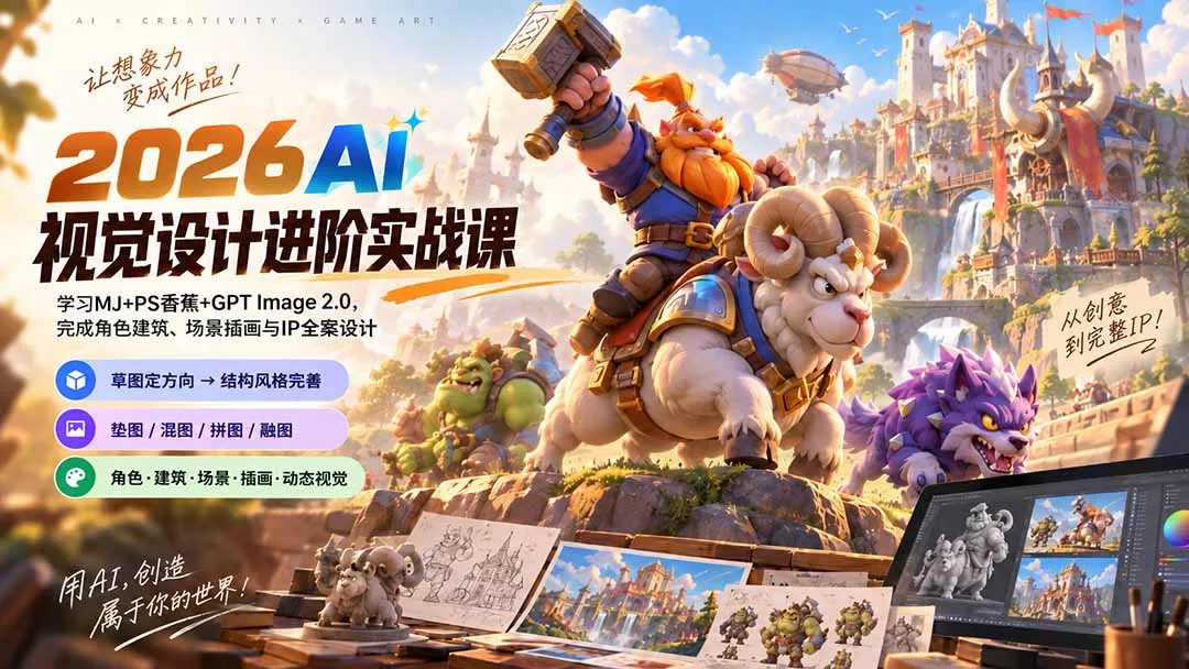 2026AI视觉设计进阶实战课-更新：学习MJ+PS香蕉+GPT Image 2.0，完成角色建筑、场景插画与IP全案设计 一点学习助手-零基础自学教程-副业项目-兴趣学习-网盘拉新平台-英语启蒙项目资源网