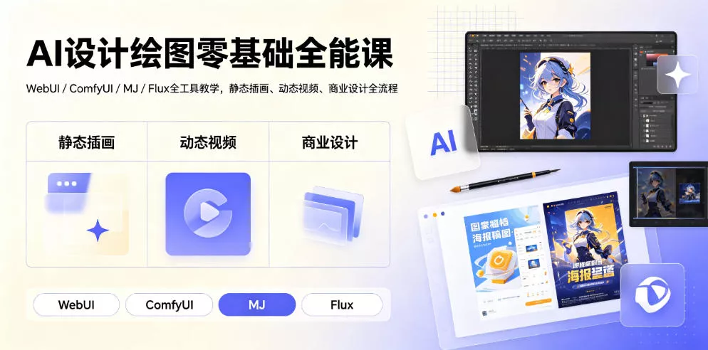 AI设计绘图零基础全能课｜WebUI/ComfyUI/MJ/Flux全工具教学，静态插画、动态视频、商业设计全流程 一点学习助手-零基础自学教程-副业项目-兴趣学习-网盘拉新平台-英语启蒙项目资源网