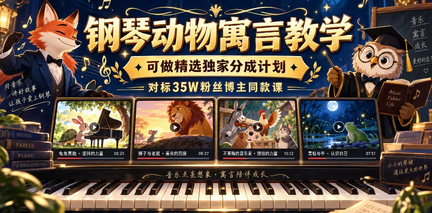 钢琴动物寓言教学，可做精选独家分成计划，对标35W粉丝博主同款课 一点学习助手-零基础自学教程-副业项目-兴趣学习-网盘拉新平台-英语启蒙项目资源网