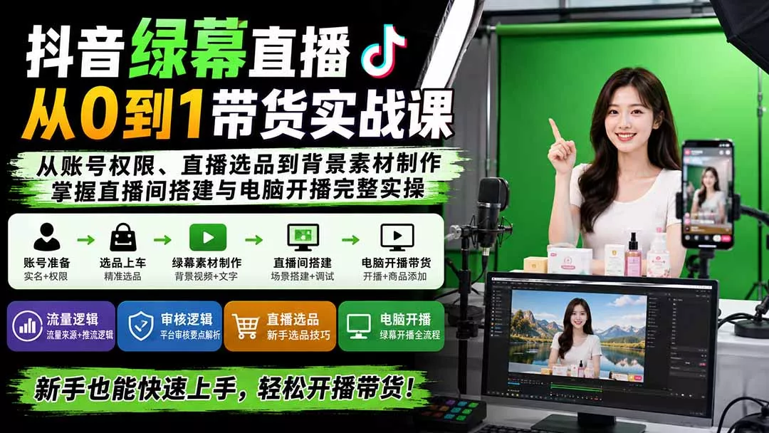 抖音绿幕直播从0到1带货实战课：从账号权限、直播选品到背景素材制作，掌握直播间搭建与电脑开播完整实操 一点学习助手-零基础自学教程-副业项目-兴趣学习-网盘拉新平台-英语启蒙项目资源网