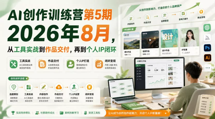 AI创作训练营第5期2026年8月，从工具实战到作品交付，再到个人IP闭环 一点学习助手-零基础自学教程-副业项目-兴趣学习-网盘拉新平台-英语启蒙项目资源网