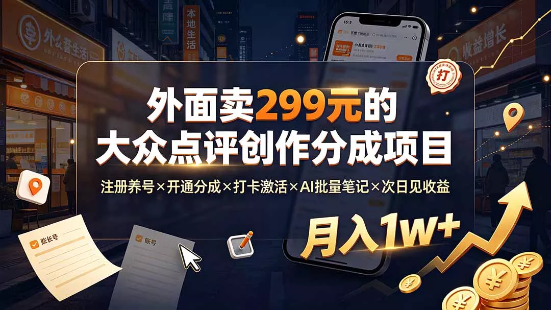 外面卖299元的大众点评创作分成项目：注册养号×开通分成×打卡激活×AI批量笔记×次日见收益，月入1w+ 一点学习助手-零基础自学教程-副业项目-兴趣学习-网盘拉新平台-英语启蒙项目资源网