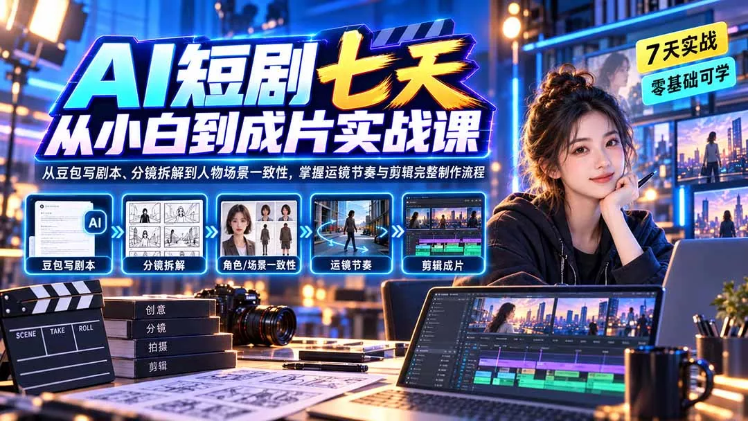 AI短剧七天从小白到成片实战课：从豆包写剧本、分镜拆解到人物场景一致性，掌握运镜节奏与剪辑完整制作流程 一点学习助手-零基础自学教程-副业项目-兴趣学习-网盘拉新平台-英语启蒙项目资源网