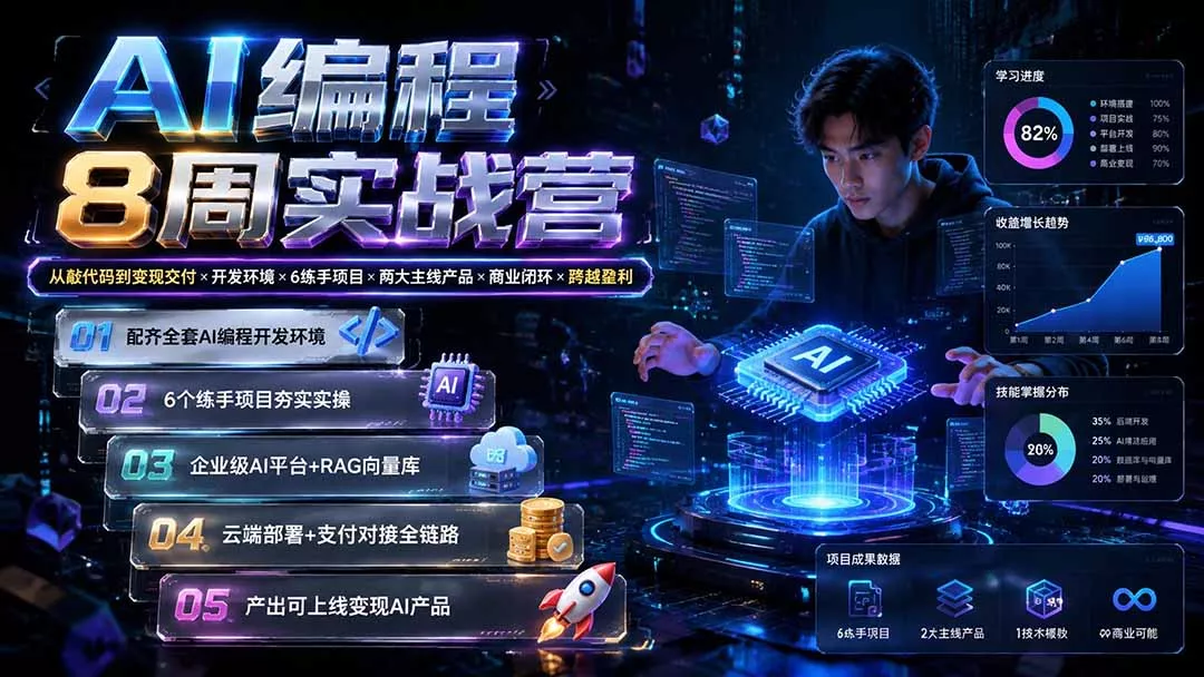AI编程8周实战营：从敲代码到变现交付×开发环境×6练手项目×两大主线产品×商业闭环×跨越盈利 一点学习助手-零基础自学教程-副业项目-兴趣学习-网盘拉新平台-英语启蒙项目资源网