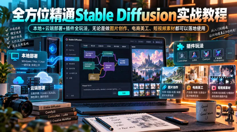 全方位精通Stable Diffusion实战教程｜本地+云端部署+插件全玩法，无论是做图片创作、电商美工、短视频素材都可以落地使用 一点学习助手-零基础自学教程-副业项目-兴趣学习-网盘拉新平台-英语启蒙项目资源网