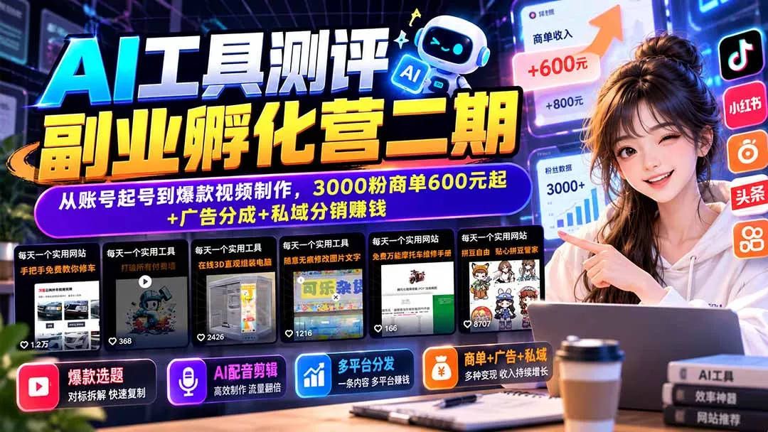 AI工具测评副业孵化营二期：从账号起号到爆款视频制作，3000粉商单600元起+广告分成+私域分销赚钱 一点学习助手-零基础自学教程-副业项目-兴趣学习-网盘拉新平台-英语启蒙项目资源网