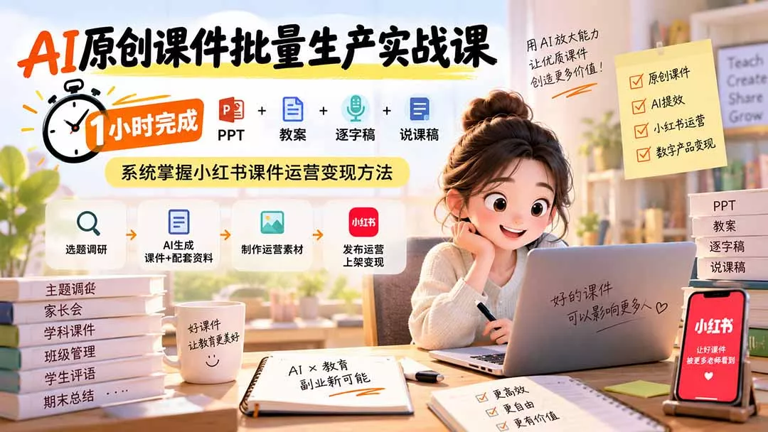 AI原创课件批量生产实战课：1小时完成PPT+教案+逐字稿+说课稿，系统掌握小红书课件运营变现方法 一点学习助手-零基础自学教程-副业项目-兴趣学习-网盘拉新平台-英语启蒙项目资源网