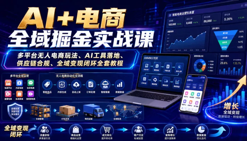 AI+电商全域掘金实战课｜多平台无人电商玩法、AI工具落地、供应链合规、全域变现闭环全套教程 一点学习助手-零基础自学教程-副业项目-兴趣学习-网盘拉新平台-英语启蒙项目资源网