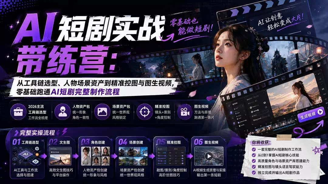 AI短剧实战训练营：从工具链选型、人物场景资产到精准控图与图生视频，零基础跑通AI短剧完整制作流程 一点学习助手-零基础自学教程-副业项目-兴趣学习-网盘拉新平台-英语启蒙项目资源网