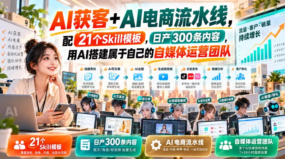 AI获客+AI电商流水线，配21个Skill模板，日产300条内容，用AI搭建属于自己的自媒体运营团队 一点学习助手-零基础自学教程-副业项目-兴趣学习-网盘拉新平台-英语启蒙项目资源网