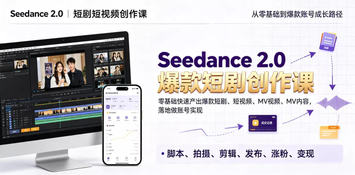 Seedance 2.0短剧短视频创作课，零基础快速产出爆款短剧、短视频、MV内容，落地做账号实现变现 一点学习助手-零基础自学教程-副业项目-兴趣学习-网盘拉新平台-英语启蒙项目资源网