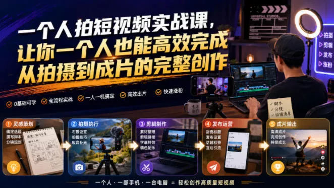 一个人拍短视频实战课，让你一个人也能高效完成从拍摄到成片的完整创作 一点学习助手-零基础自学教程-副业项目-兴趣学习-网盘拉新平台-英语启蒙项目资源网