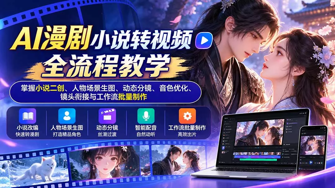 AI漫剧小说转视频全流程教学：掌握小说二创、人物场景生图、动态分镜、音色优化、镜头衔接与工作流批量制作 一点学习助手-零基础自学教程-副业项目-兴趣学习-网盘拉新平台-英语启蒙项目资源网