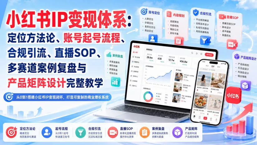 小红书IP变现体系：定位方法论、账号起号流程、合规引流、直播SOP、多赛道案例复盘与产品矩阵设计完整教学 一点学习助手-零基础自学教程-副业项目-兴趣学习-网盘拉新平台-英语启蒙项目资源网