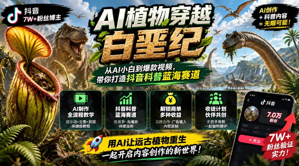 抖音7W粉丝博主的AI植物穿越白垩纪教学，抖音科普蓝海赛道，解锁商单收徒伙伴计划等多种收益 一点学习助手-零基础自学教程-副业项目-兴趣学习-网盘拉新平台-英语启蒙项目资源网
